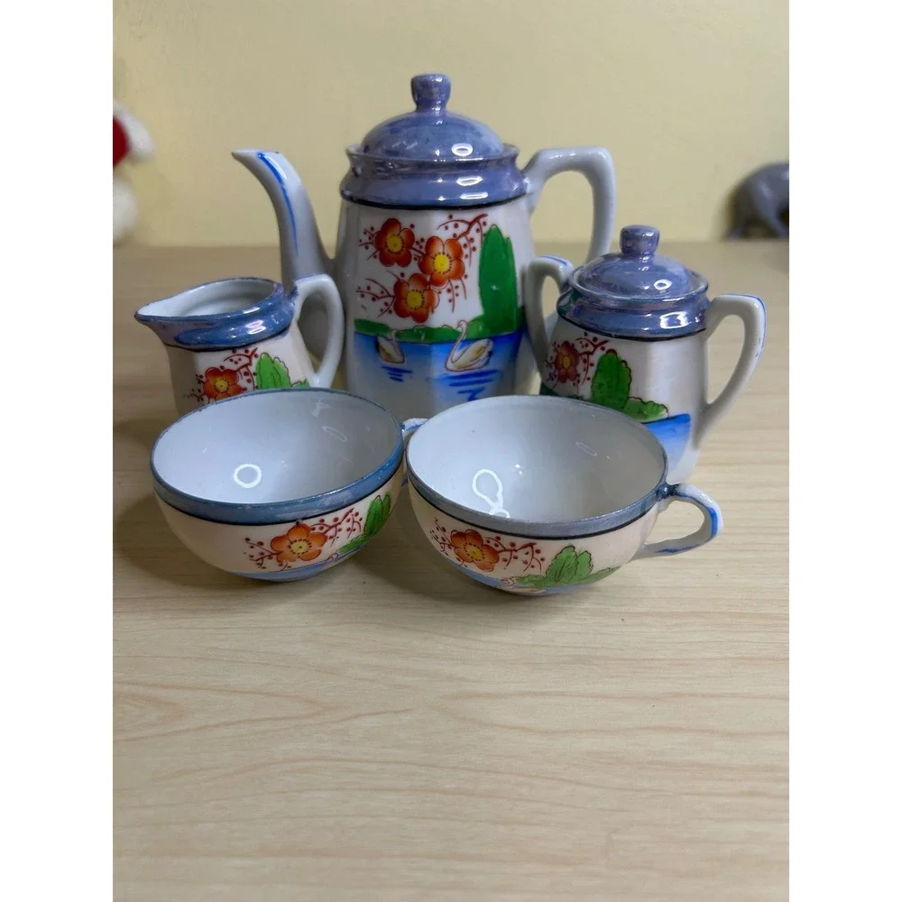 Vintage‎ Miniature Lusterware Tea Set Hand Painted Swan Landscape 17 Piece Set